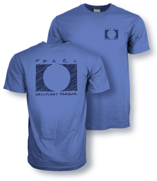 close up of the front and back of Pearl Wellfleet Harbor blue t-shirt